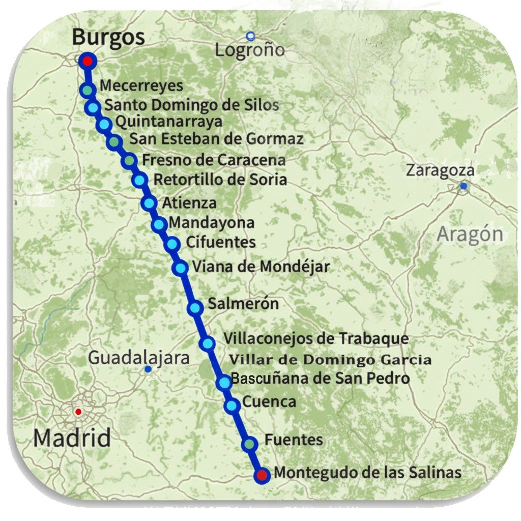 Map of the Ruta de la Lana from Monteagudo de las Salinas to Burgos